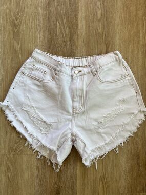 SHEIN White High-Rise Distressed Denim Shorts